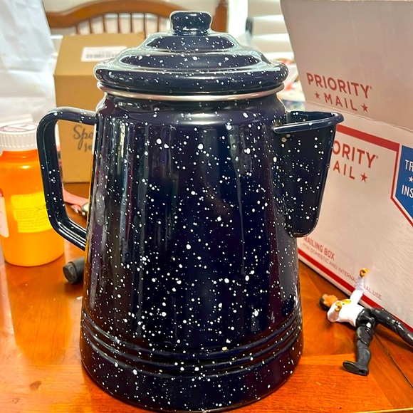 Unlisted Other - Vintage Blue Speckled Enamel Ware Kettle Coffee Pot w/Lid Metal Camping